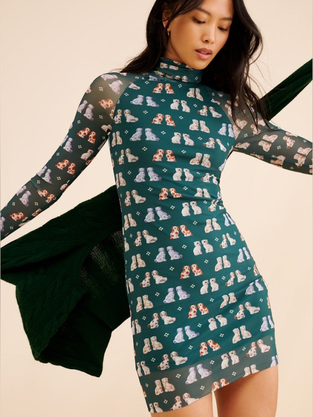 Rachel Antonoff Lilly Mini Dress – Green Multi Dog Print Mesh – Size S